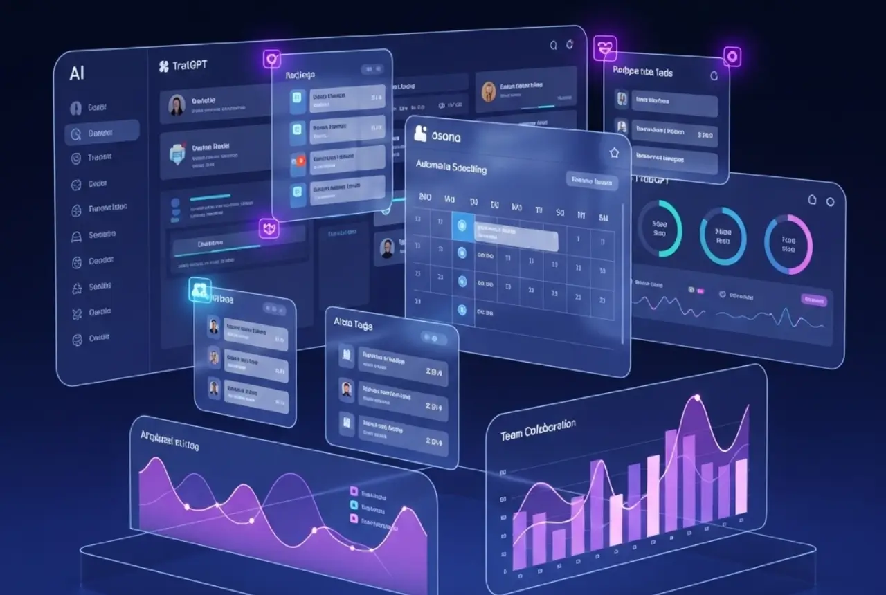 AI tools analyzing project timelines with predictive analytics dashboards
